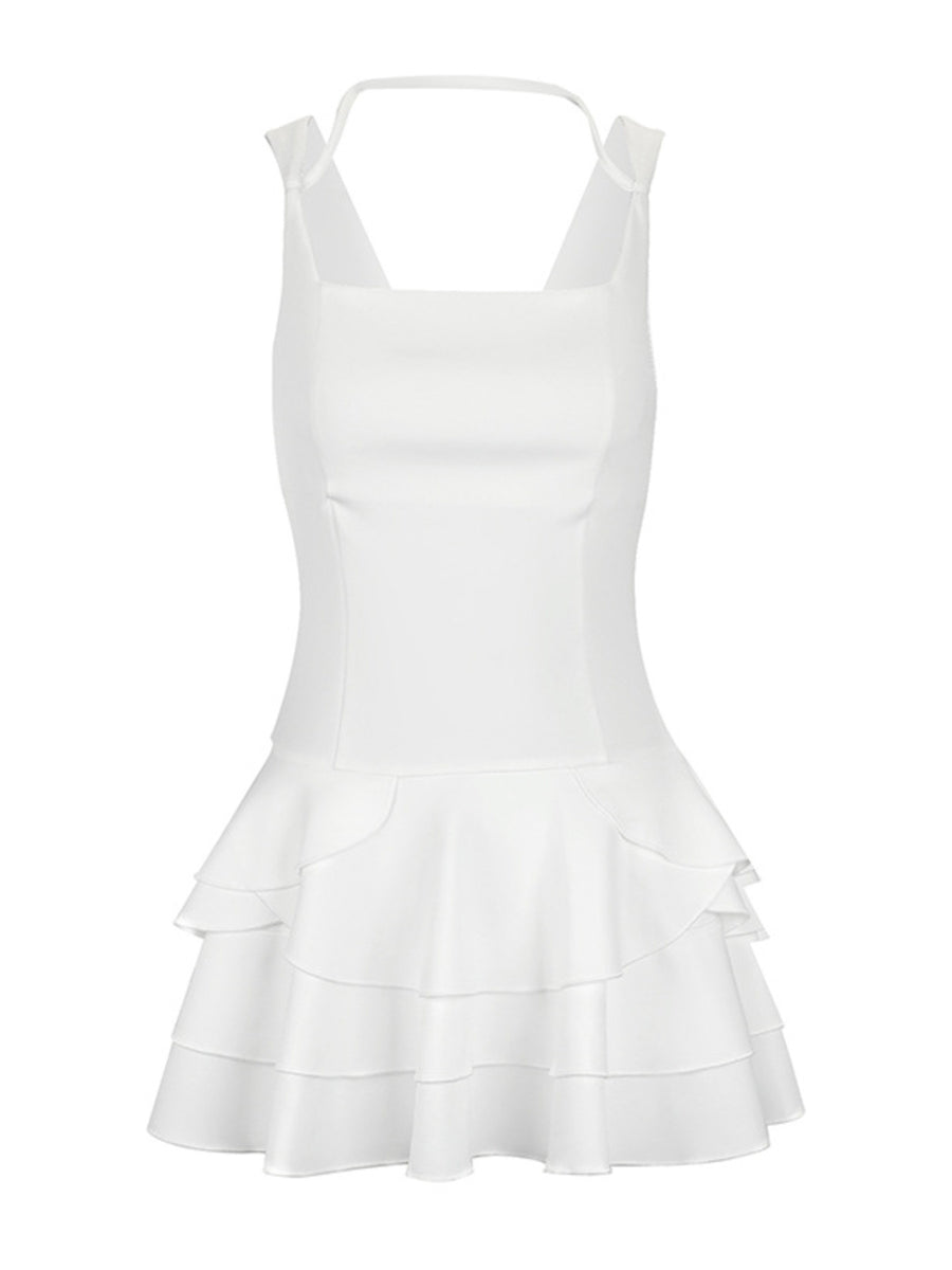 White mini dress with square neckline, fitted bodice and tiered ruffled hem.
