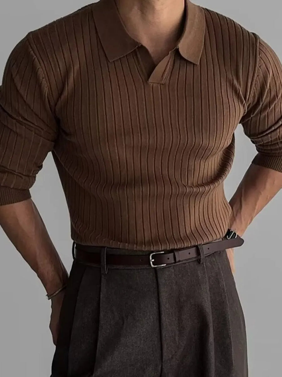 Brown ribbed knit polo shirt with a V-neck collar and long sleeves.