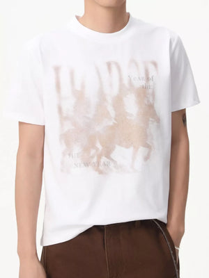 White cotton blend graphic tee with vintage horse design and text.