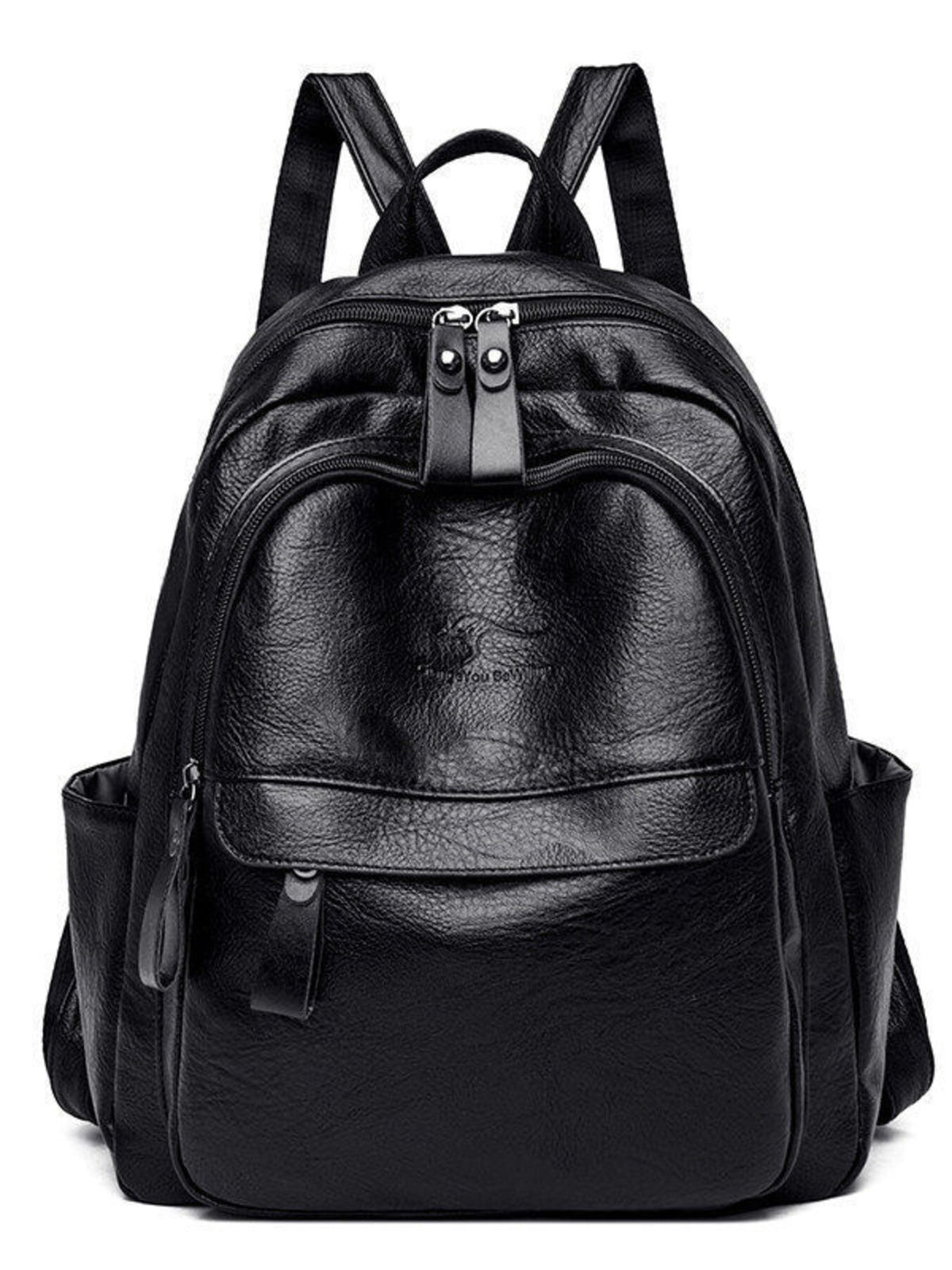 Black pu leather medium backpack with multiple compartments and side pockets.