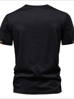 Black t-shirt with embroidered crest detail on sleeve cuff and subtle back seam.