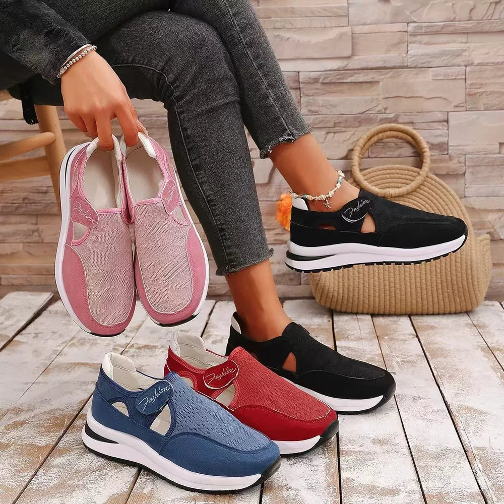 Breathable cutout slip-on sneakers in pink, black, red, and blue with comfortable casual style.