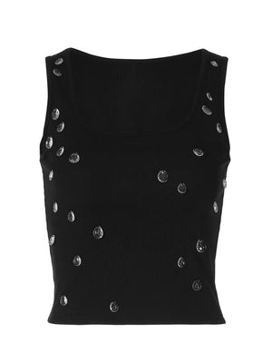 Black cropped square neck tank top with scattered rhinestones.