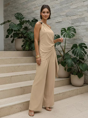 modern two-piece set in Khaki Color with one-shoulder