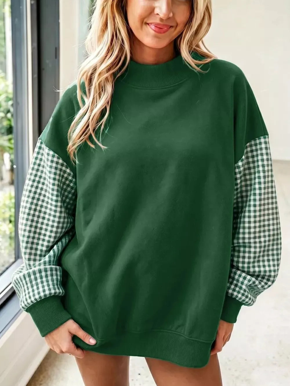 forest green sweatshirt with gingham and mock neck
