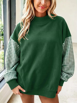 forest green sweatshirt with gingham and mock neck