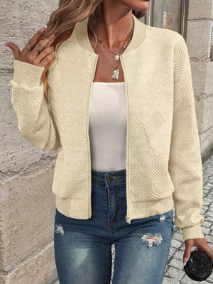 cream bomber jacket with chevron and collared