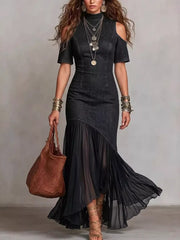 Blue maxi dress with ruffle hem and short sleeve