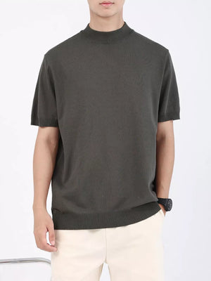 Men's short sleeve knit t-shirt in Army Green with mock neck and ribbed hem.