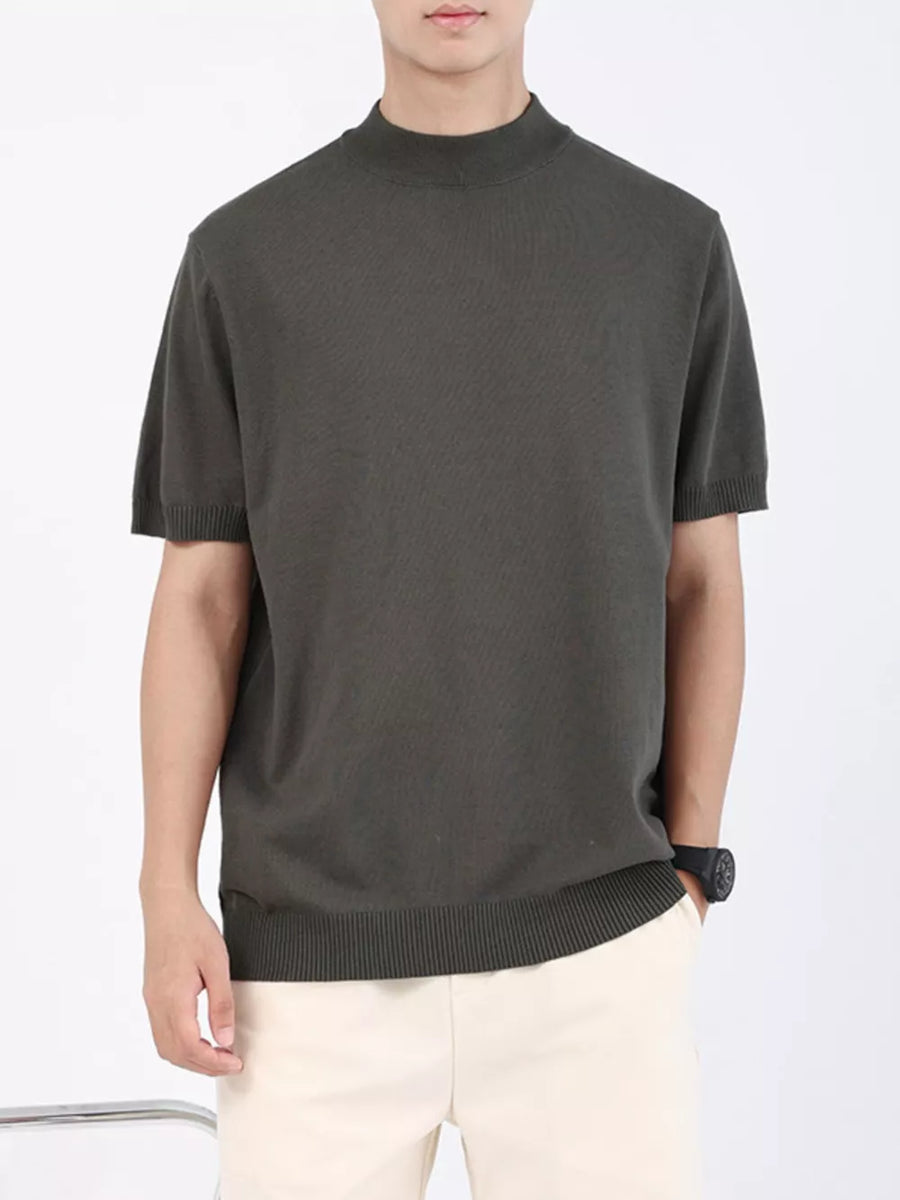 Men's short sleeve knit t-shirt in Army Green with mock neck and ribbed hem.