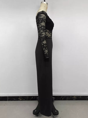 black fitted jumpsuit with off-shoulder