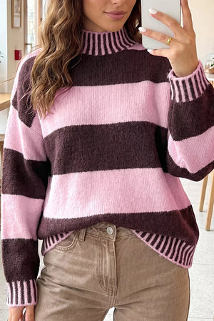 dark brown pullover sweater featuring dropped shoulder and striped