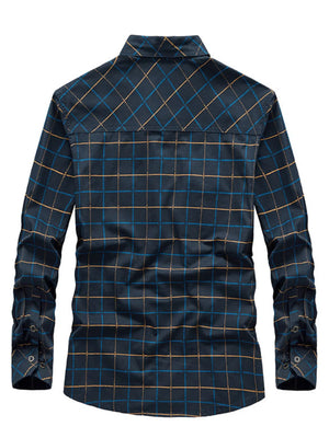 Plus-size casual long-sleeve shirt in Black Blue plaid cotton blend with buttoned cuffs.