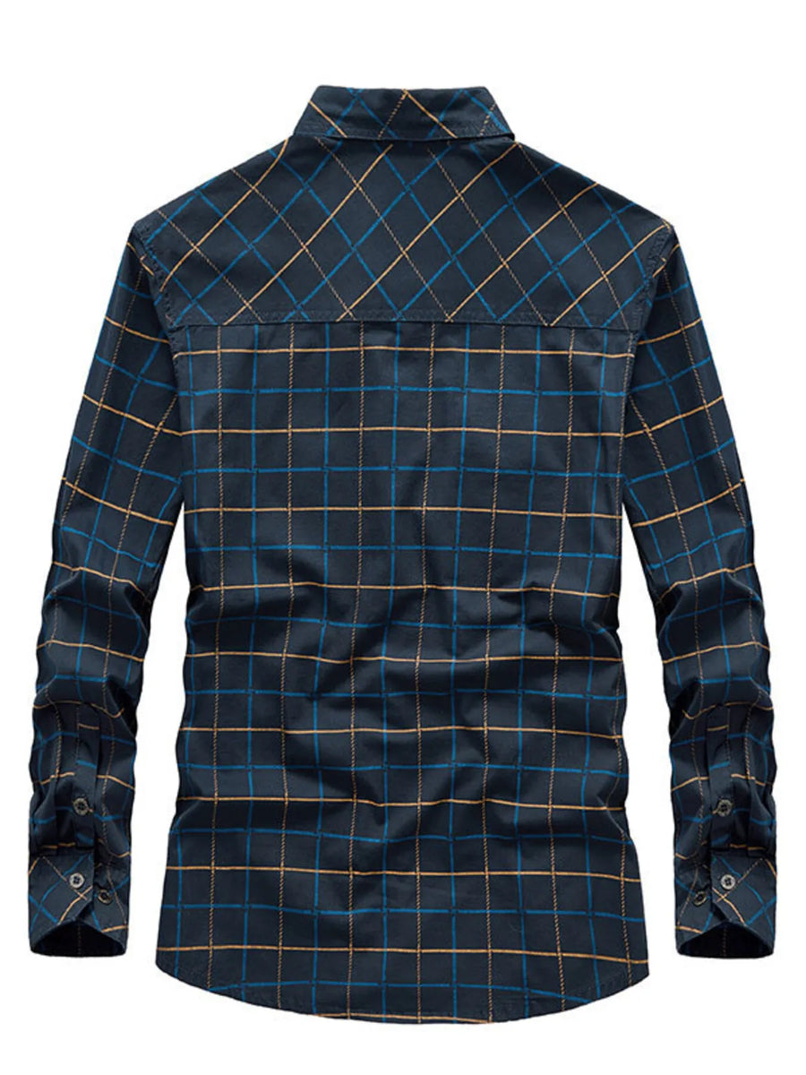 Plus-size casual long-sleeve shirt in Black Blue plaid cotton blend with buttoned cuffs.