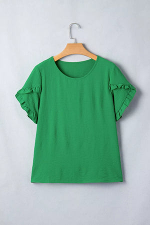 Green polyester blouse with short ruffled sleeves and a crew neck.