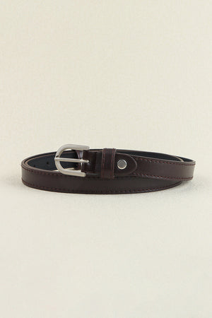 Slimline chocolate leatherette belt with silver buckle and tonal stitching.