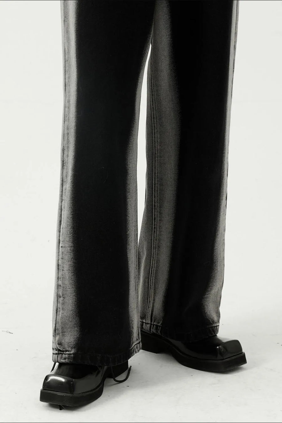 Dark faded side panel wide leg jeans with a relaxed fit.