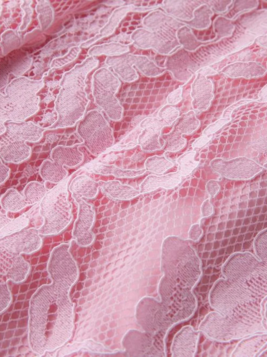 Pink Lace Midi Dress With Sheer Sleeves