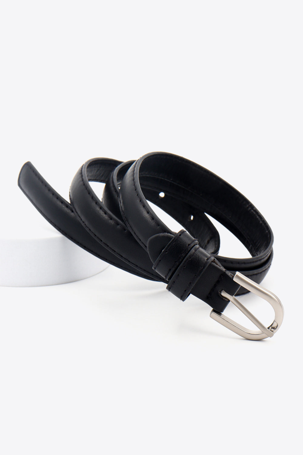Slimline black leatherette belt with silver buckle
