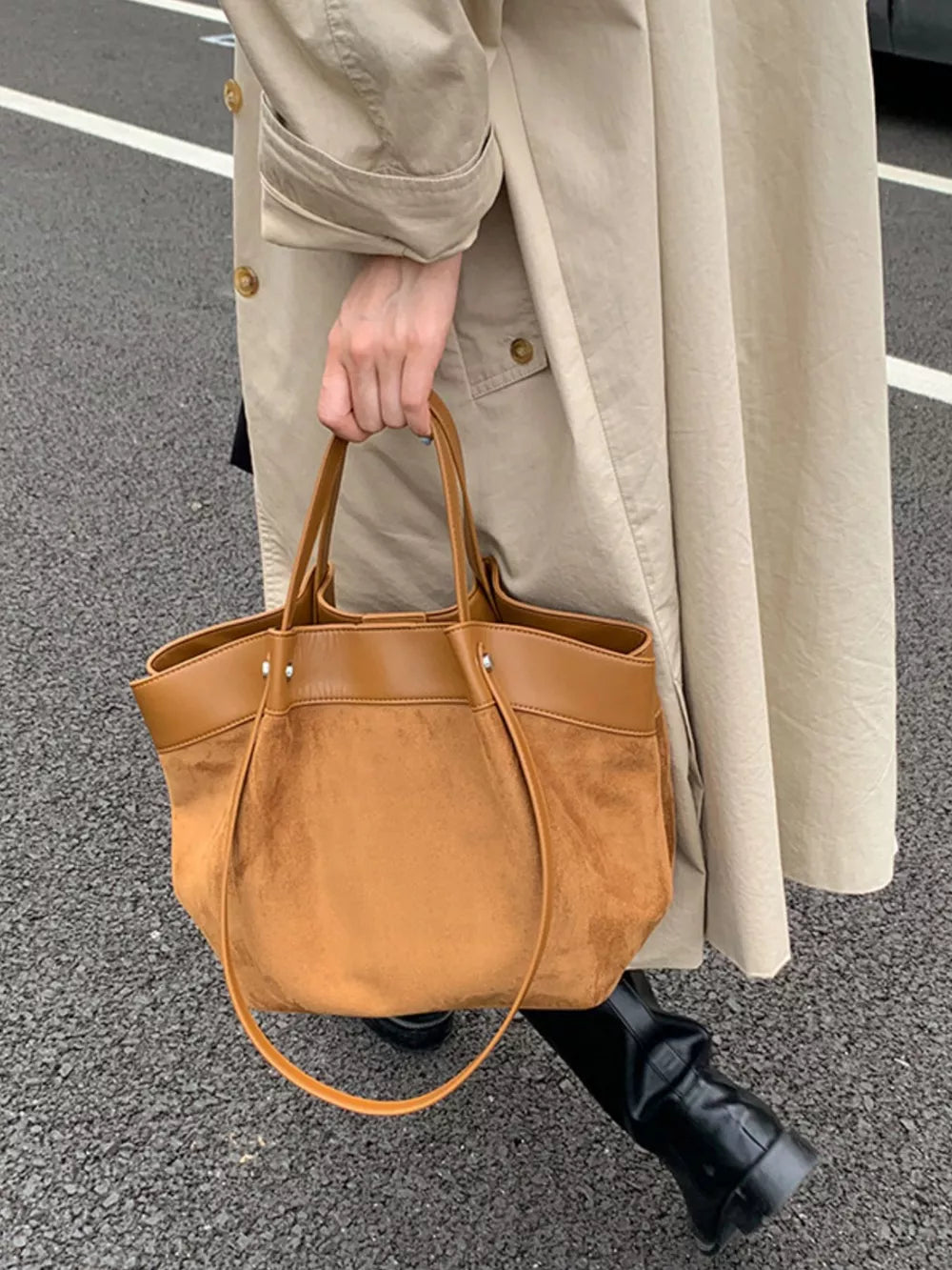 Brown Suede And Leather Trim Shoulder Bag