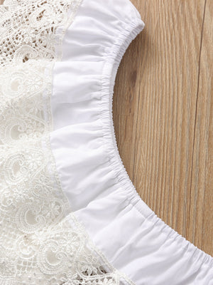 White off-shoulder cotton top with lace detail and ruffled elastic neckline