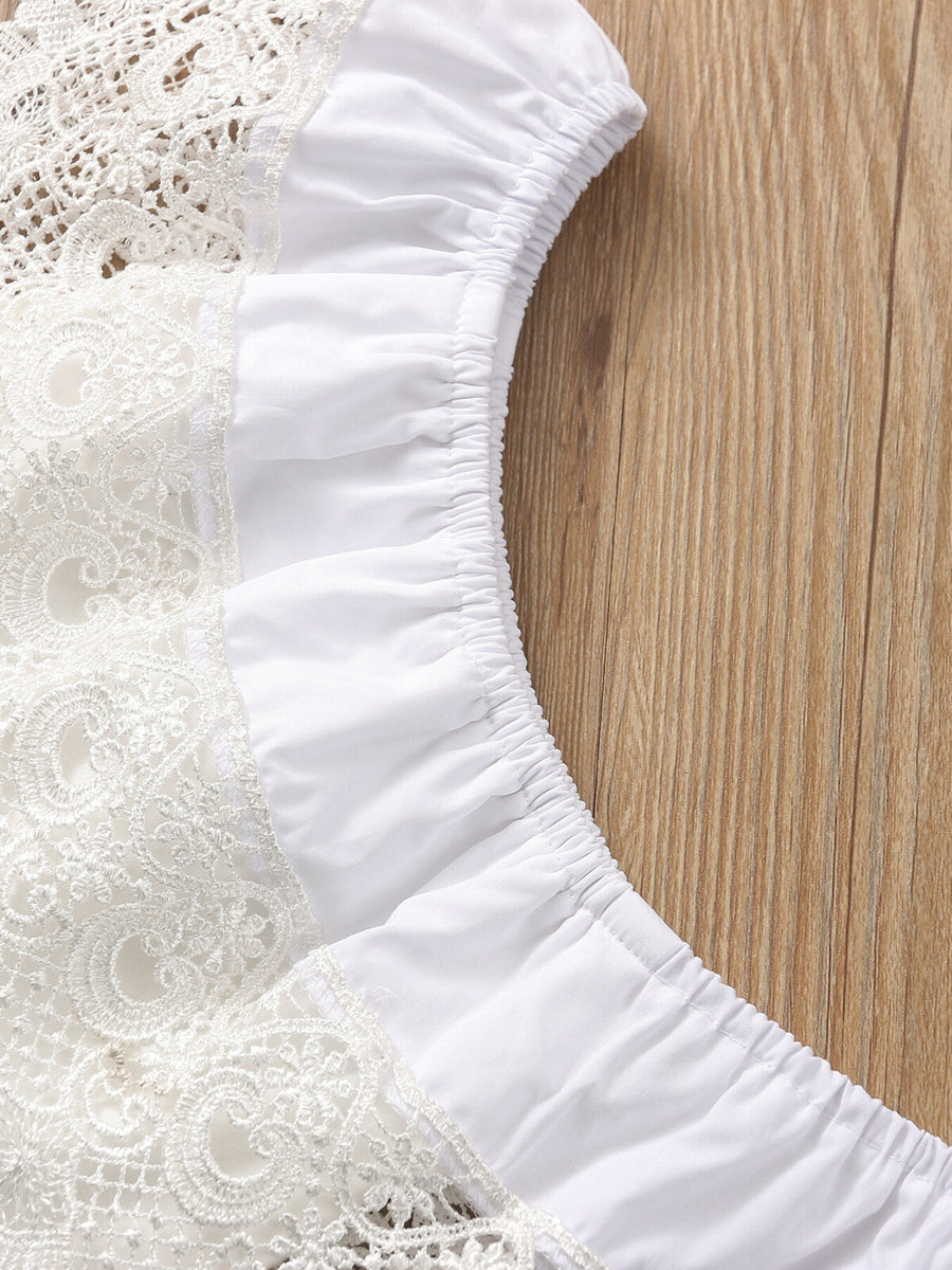 White off-shoulder cotton top with lace detail and ruffled elastic neckline