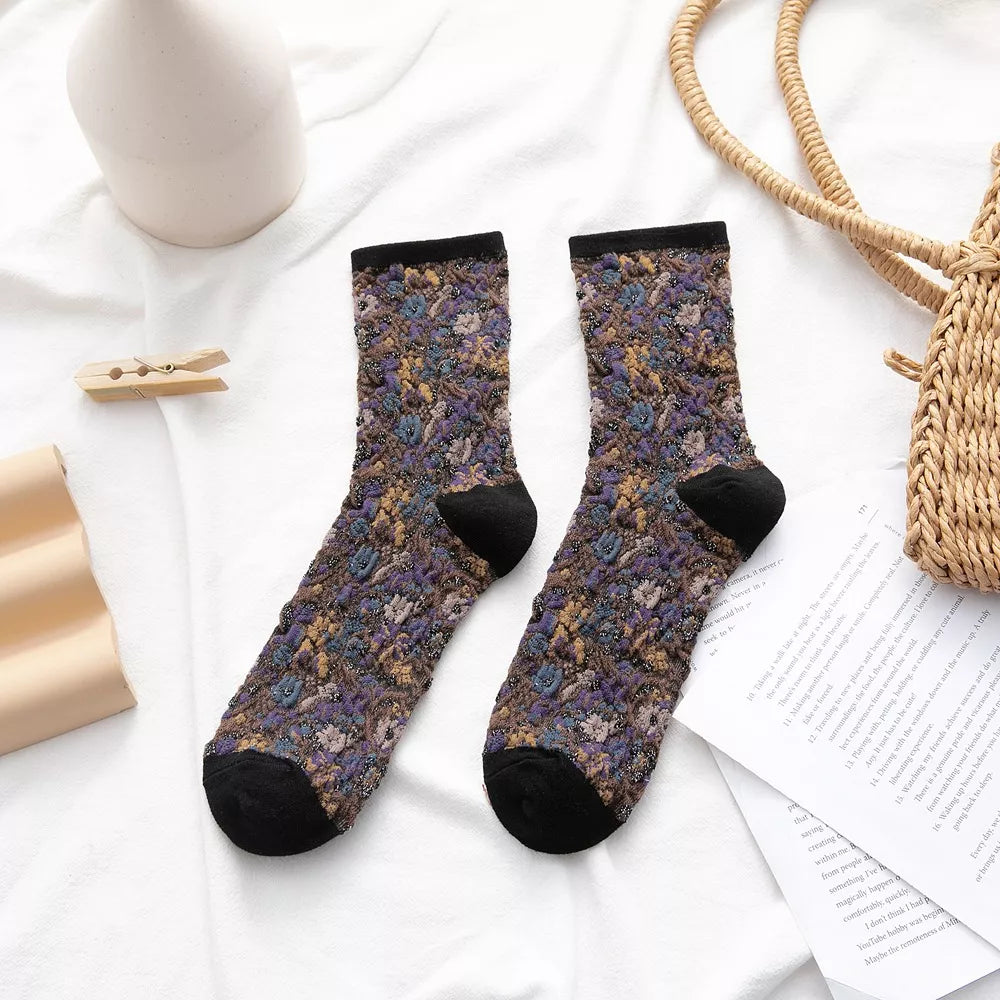 socks in Caramel with ditsy floral and contrast heel