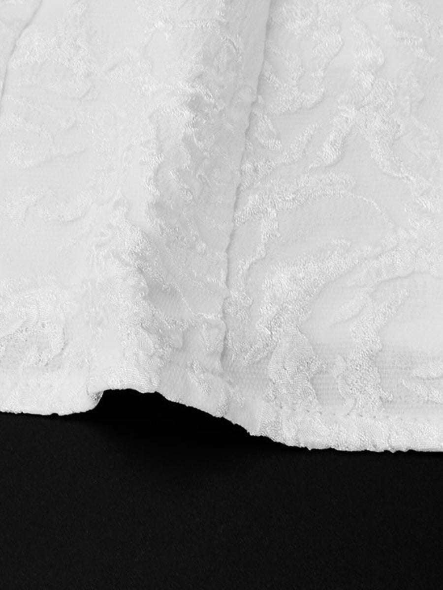 Textured white square neck mini dress with a fitted bodice and a-line skirt.