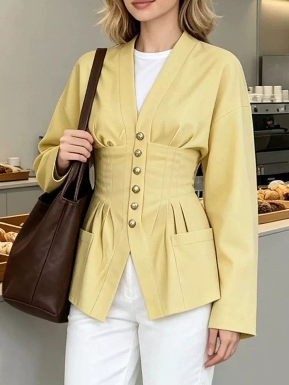 blouse in dark brown with buttoned and hip-length