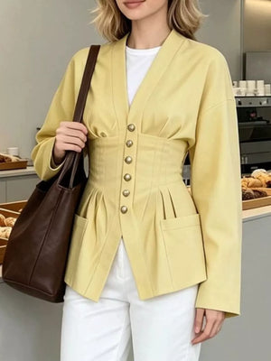 blouse in dark brown with buttoned and hip-length