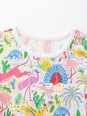 Baby dress with colorful animal and plant print, cotton blend, round neckline.