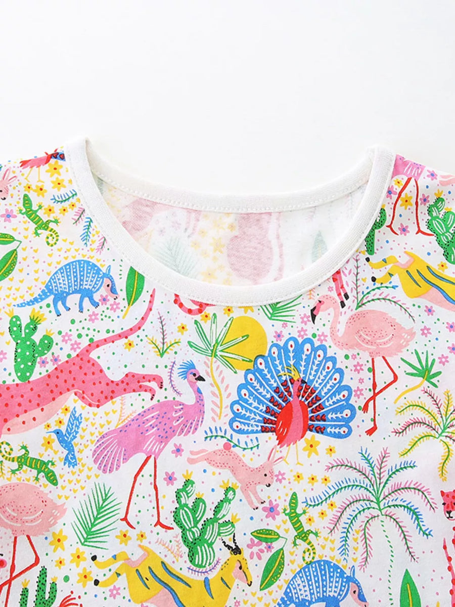 Baby dress with colorful animal and plant print, cotton blend, round neckline.