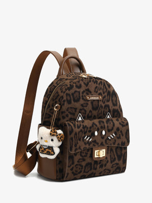 Mini backpack with leopard print and cat face detail, includes a plush cat charm.