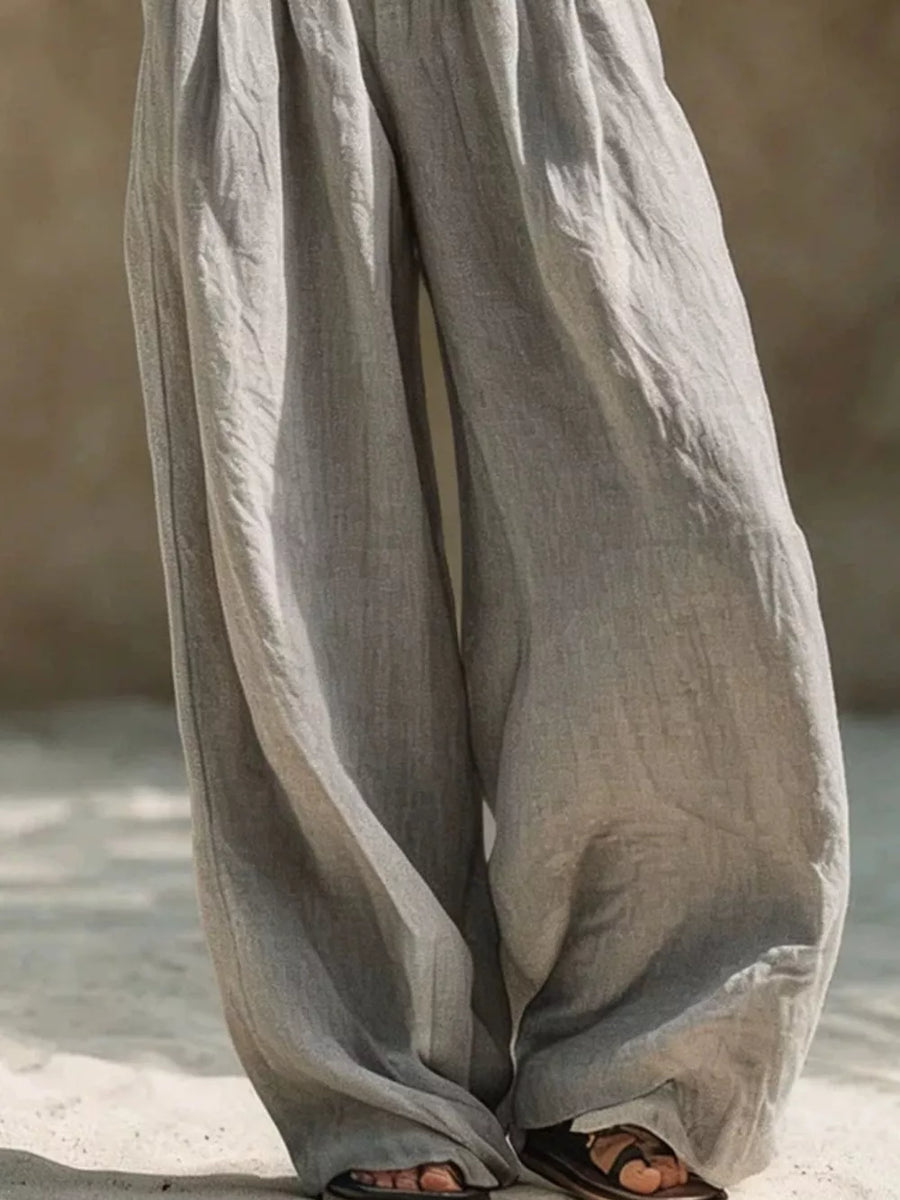 Full Size Elastic Waistband Wide Leg Pants in Beige
