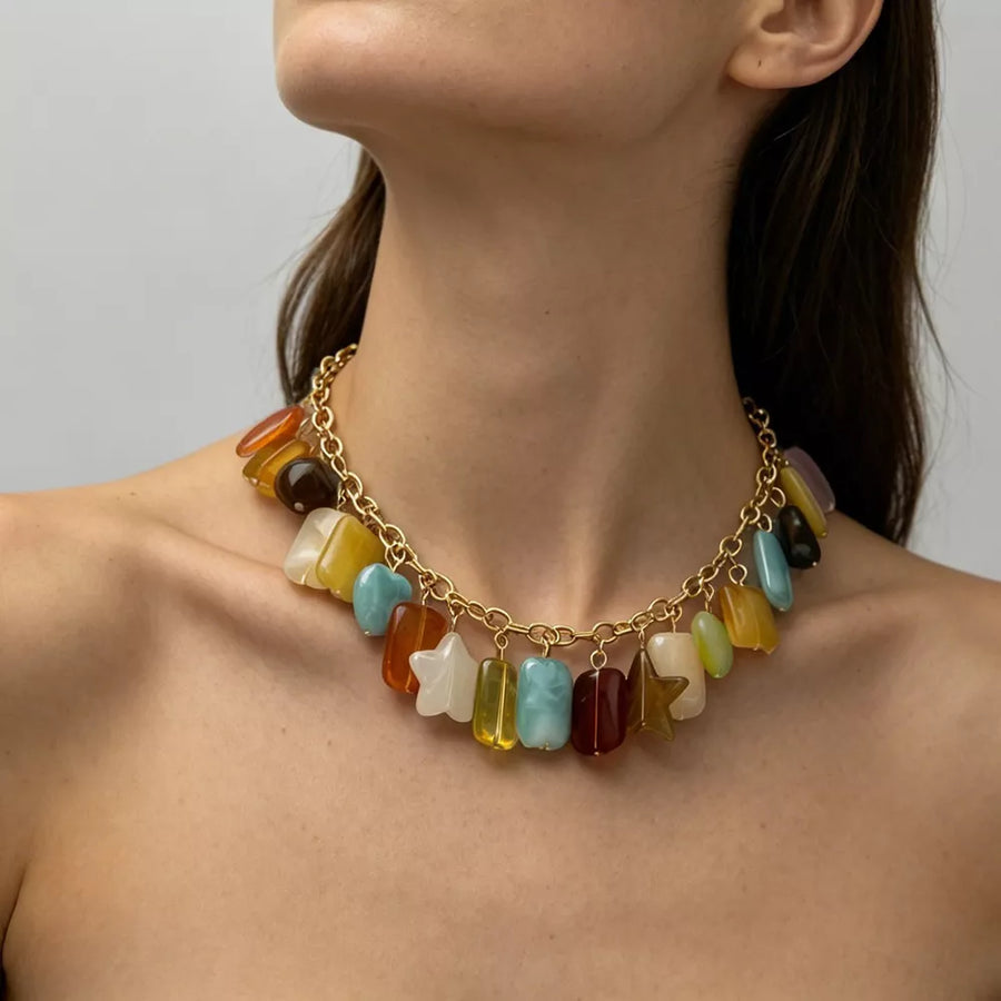 Gold with Bohemian Multi-color Gemstone 18k Gold-plated Necklace in Gold