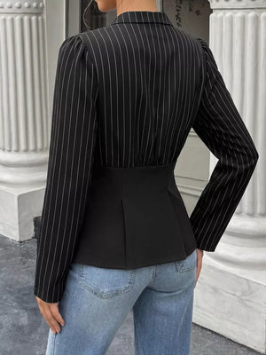black peplum top with hip-length and half-button