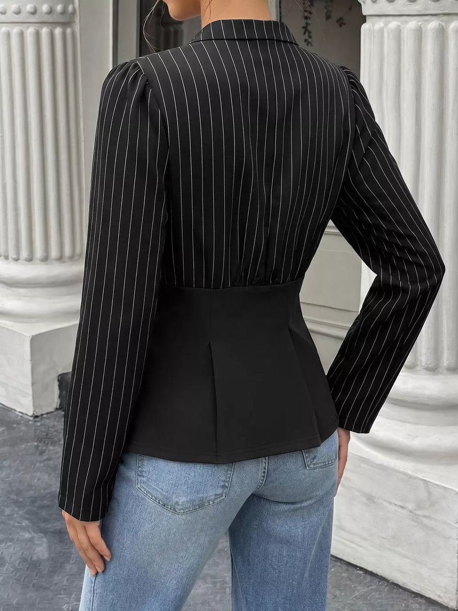 black peplum top with hip-length and half-button