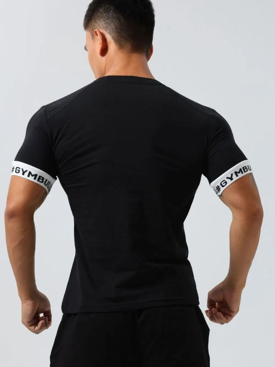 Black crewneck t-shirt with white gymband detail on sleeves