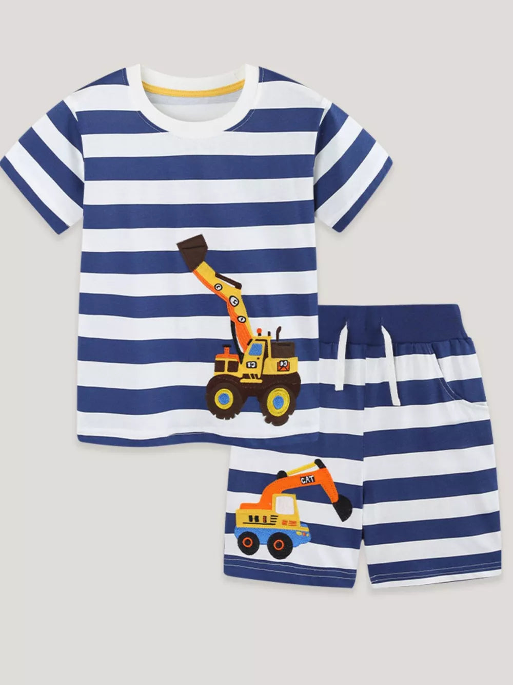 Boys' cotton boxer shorts set with blue and white stripes and excavator print.