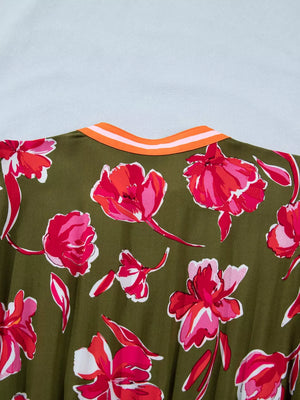 Print split neck dress in olive green with a bold floral print and striped neckline detail.