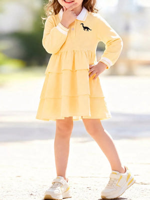 Children's Tiered Dress With Dinosaur Embroidery in Pastel Yellow