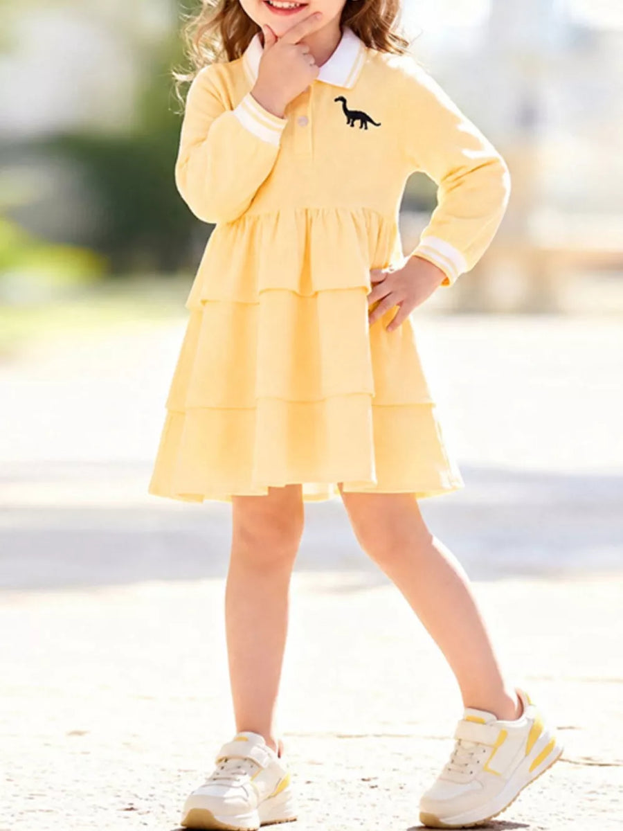 Children's Tiered Dress With Dinosaur Embroidery in Pastel Yellow