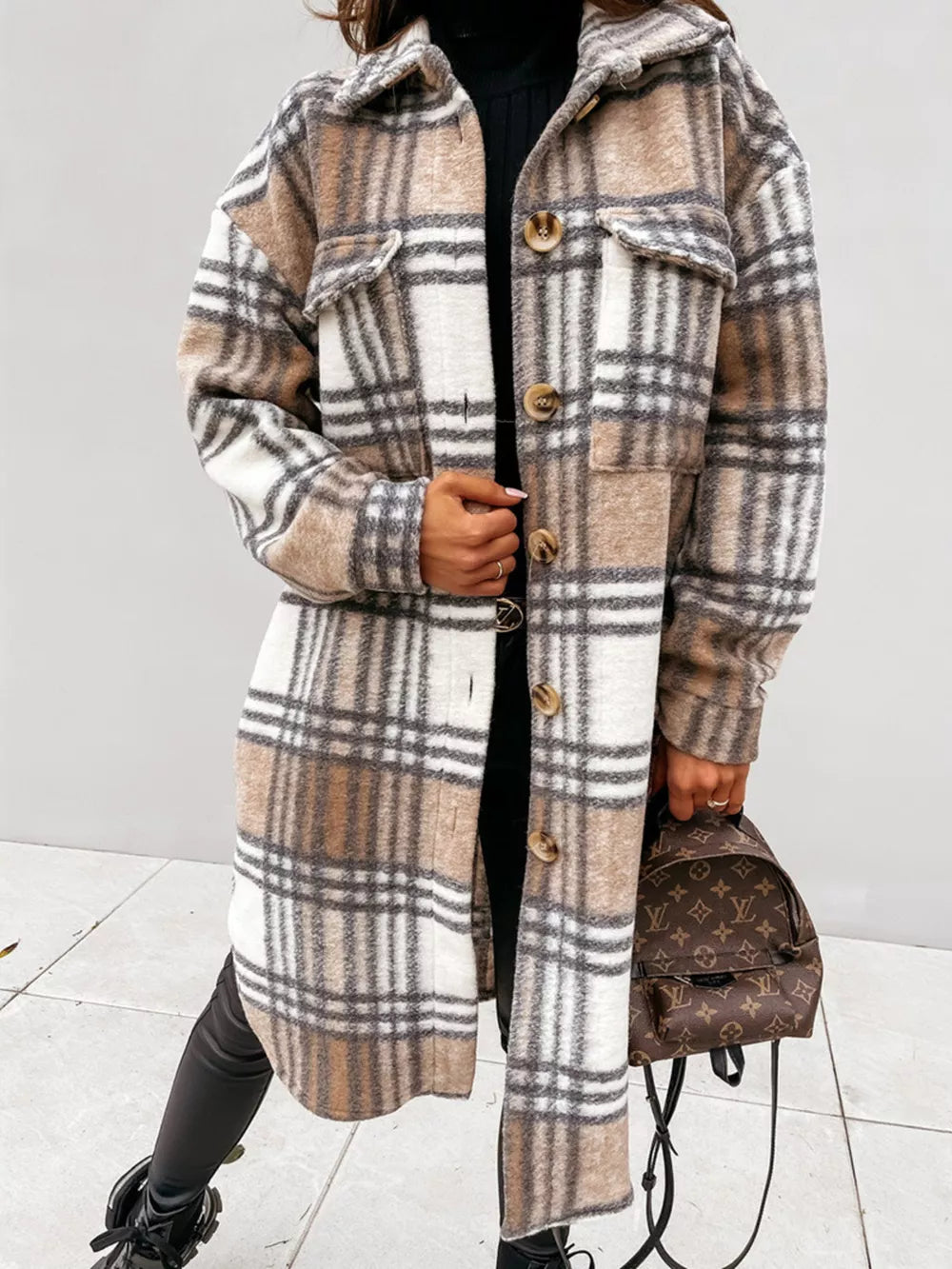 overcoat in tan with collared and long sleeve