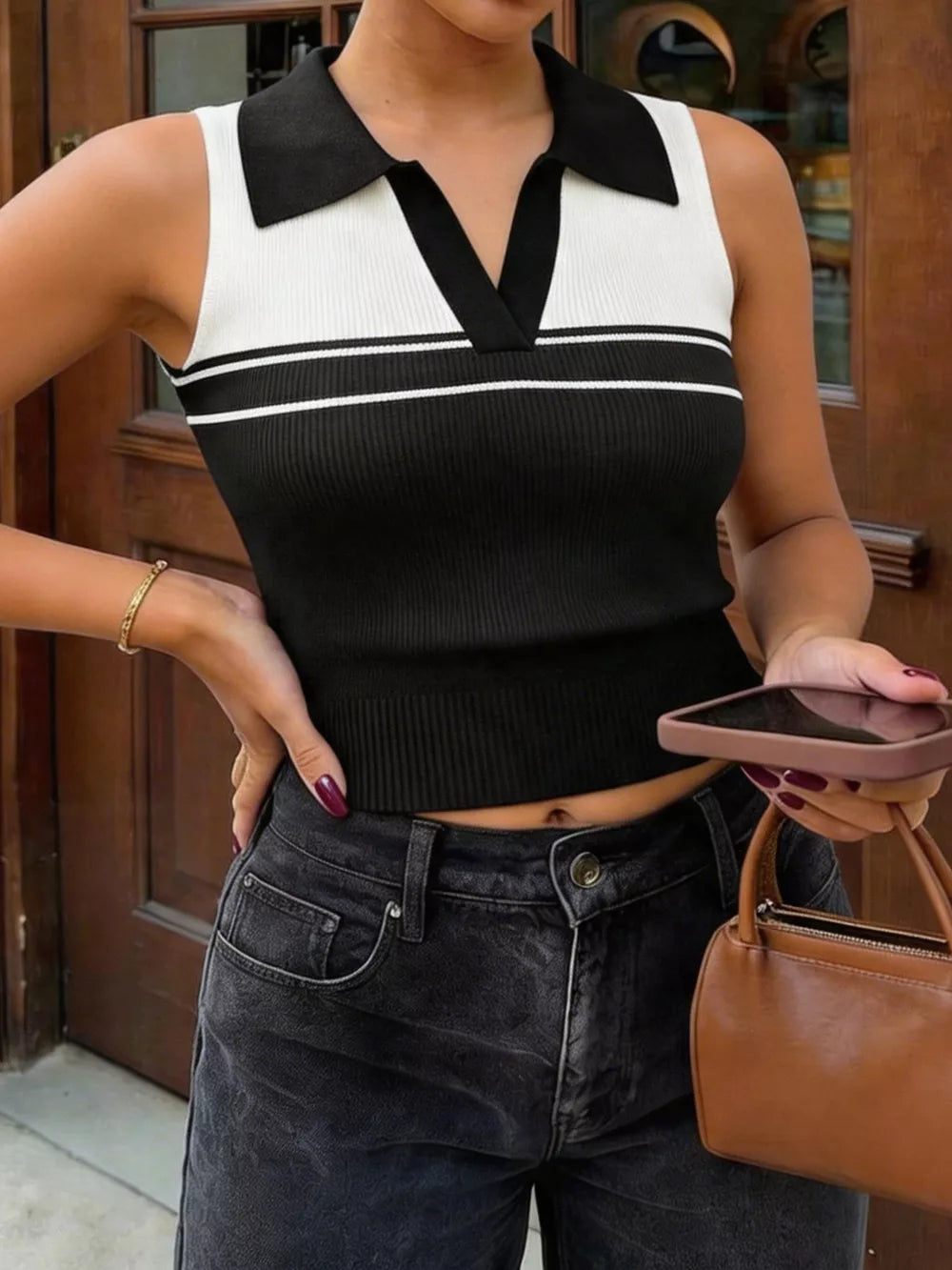 Contrast Collar Striped Knit Sweater Vest in Black