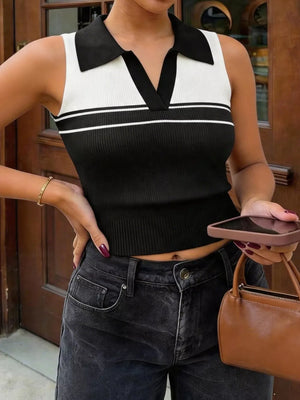 Contrast Collar Striped Knit Sweater Vest in Black