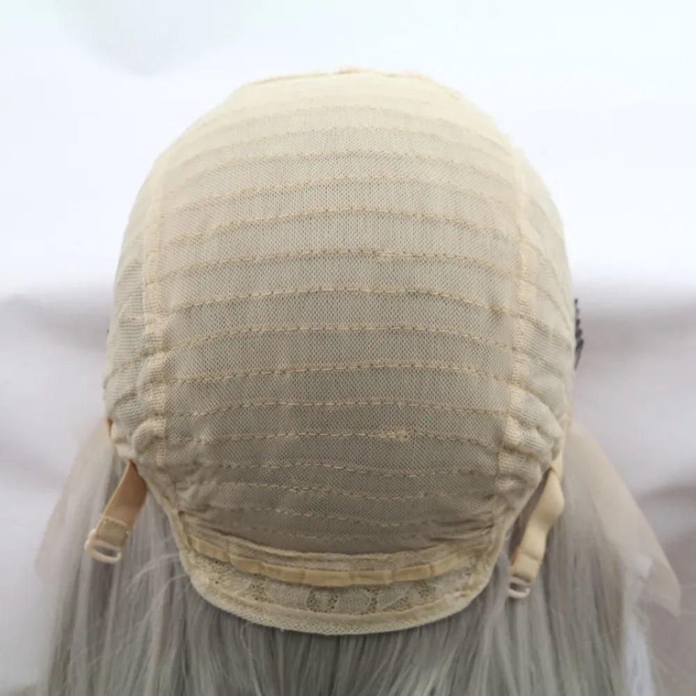 Lace front wig cap with adjustable straps and Icy blonde hair.
