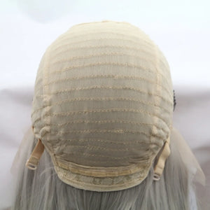Lace front wig cap with adjustable straps and Icy blonde hair.