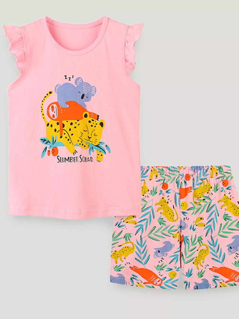 Toddler pink animal print sleepwear set with ruffled cap sleeves and shorts featuring leopards and sloths.