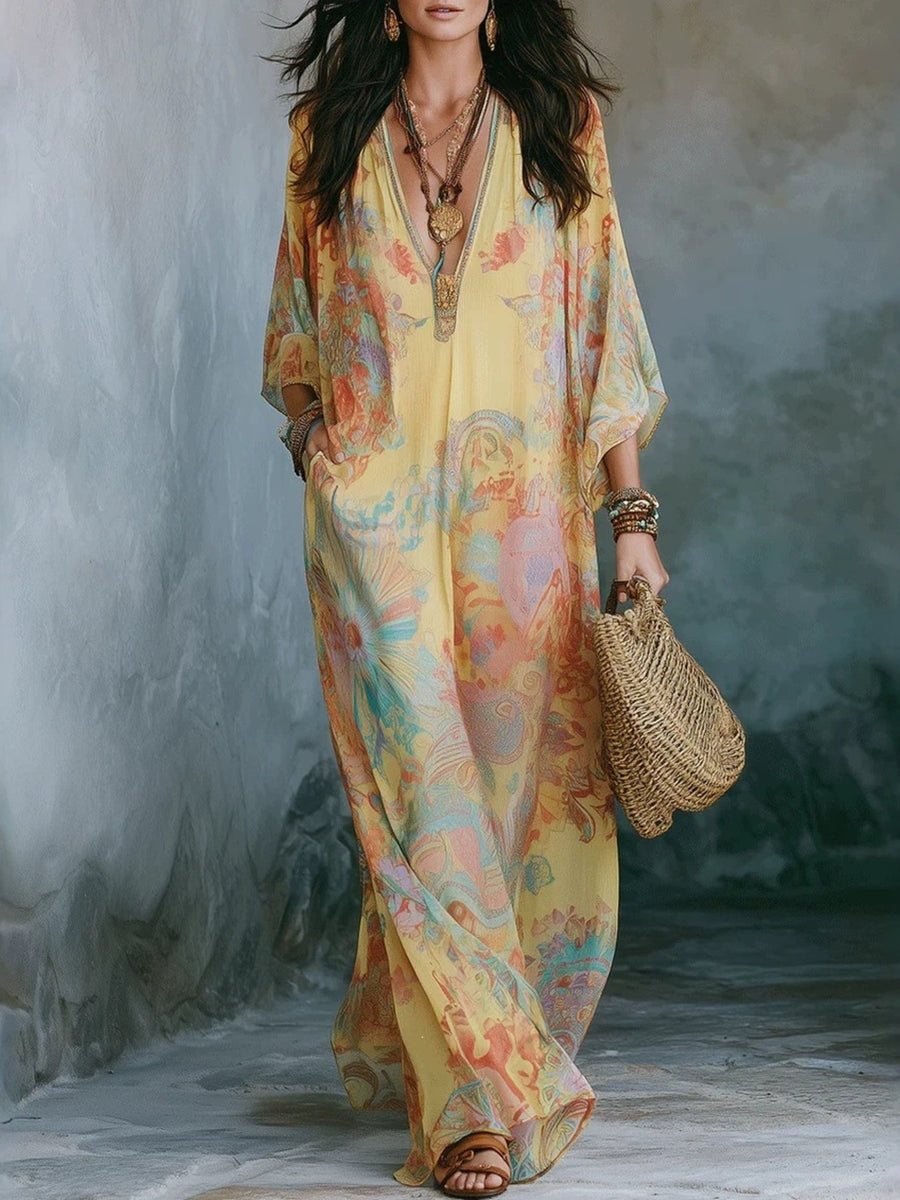 yellow maxi dress with floral and v-neck