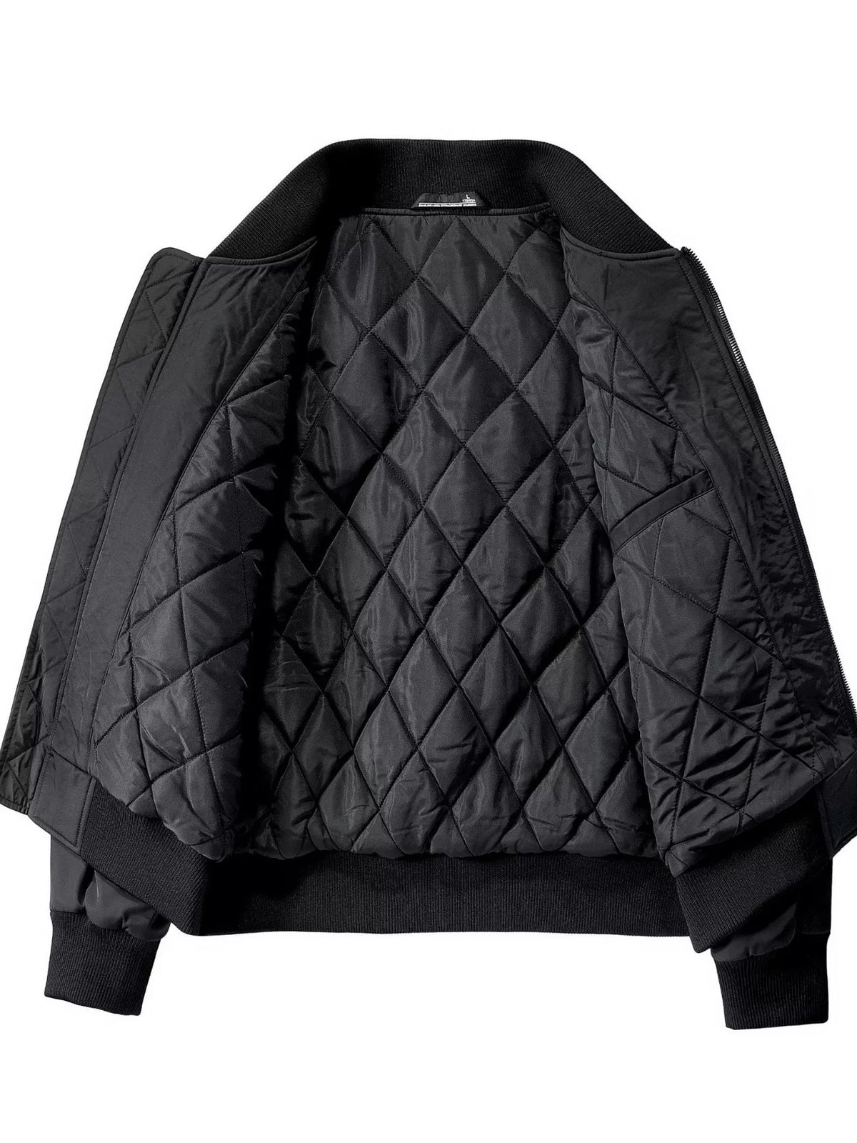 Black quilted bomber jacket with ribbed collar and cuffs